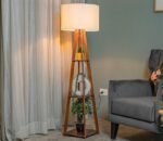 Kyren Wooden Floor Lamp With Shelves & Large Lampshade (White)