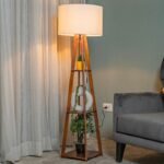 Kyren Wooden Floor Lamp With Shelves & Large Lampshade (White)